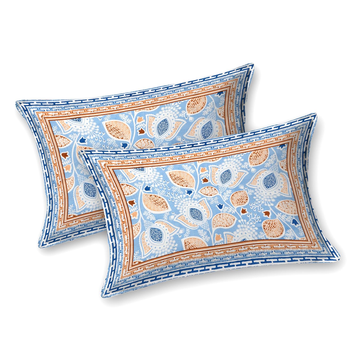 Double Bedsheet For King Size With 2 Matching Pillow Covers (90 X 108 Inches) Blue & Brown | Pure Cotton Jaipuri Bedsheet | Cotton Bedsheet Is Suitable For All Seasons