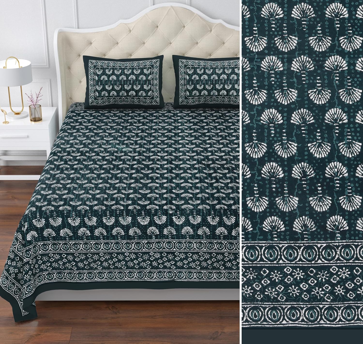 Printed Cotton Double Bedsheet For King Size With 2 Pillow Covers (95 X 108 Inches) Dark Teal | 280 Thread Count - Pure Cotton Natural Fabric & Skin-Safe | Extra Soft & Wrinkle Free