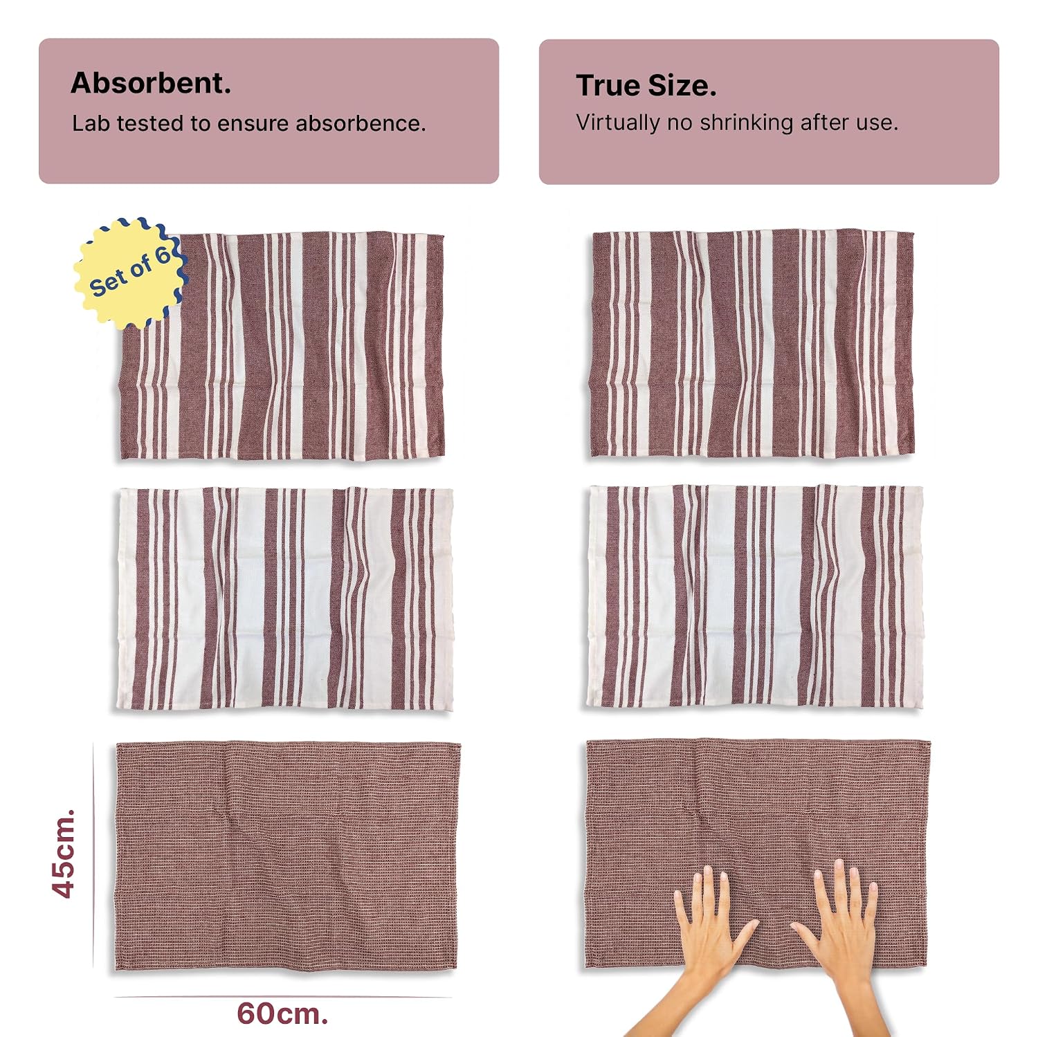 Indihaus Cotton Multi-Purpose Kitchen Hand Towels 370 Gsm | Waffle & Stripes Lunch, Dish Towel (Earthy Crimson)- Pack Of 6
