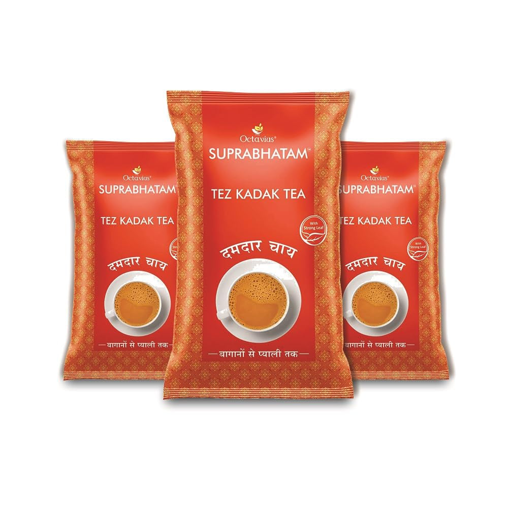 Octavius Suprabhatam Tez Kadak Tea - Pack Of 3 X 1 Kg, 35.2 Ounce Each | Garden Fresh Extra Strong Assam Tea - Kadak Chai Patti | Medium Caffeine Strong Chai Patti