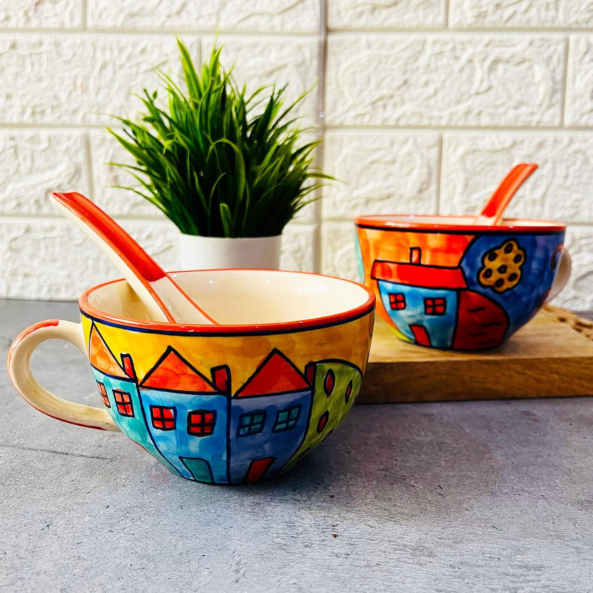 Exotic Panorama Hand Painted Handled Ceramic Soup Bowls With Spoons Set Of 2 - 300ml Each, Multicolor | Serving Bowls With Matching Spoons | Ceramic Soup Cups - Microwave Safe & Dishwasher Safe