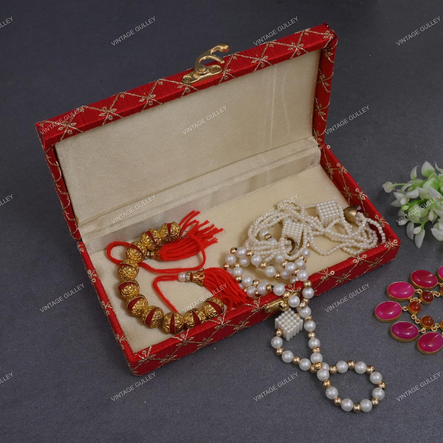 Zari Fabric & Wooden Decorative Cash, Shagun, Jewellery Box For Wedding, Gift Box, Colour - Red, Style - Elegant