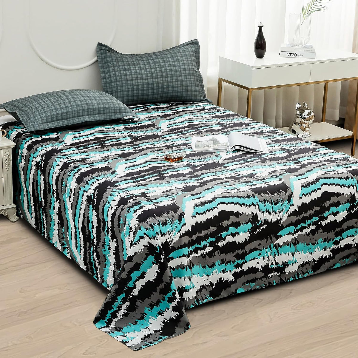 Bedsheets For Double Bed With 2 Pillow Cover - 92 X 98 Inches, Grey & Black | Satin Finish Microfiber Queen Size Bedsheet | Skin Friendly & Breathable Fabric