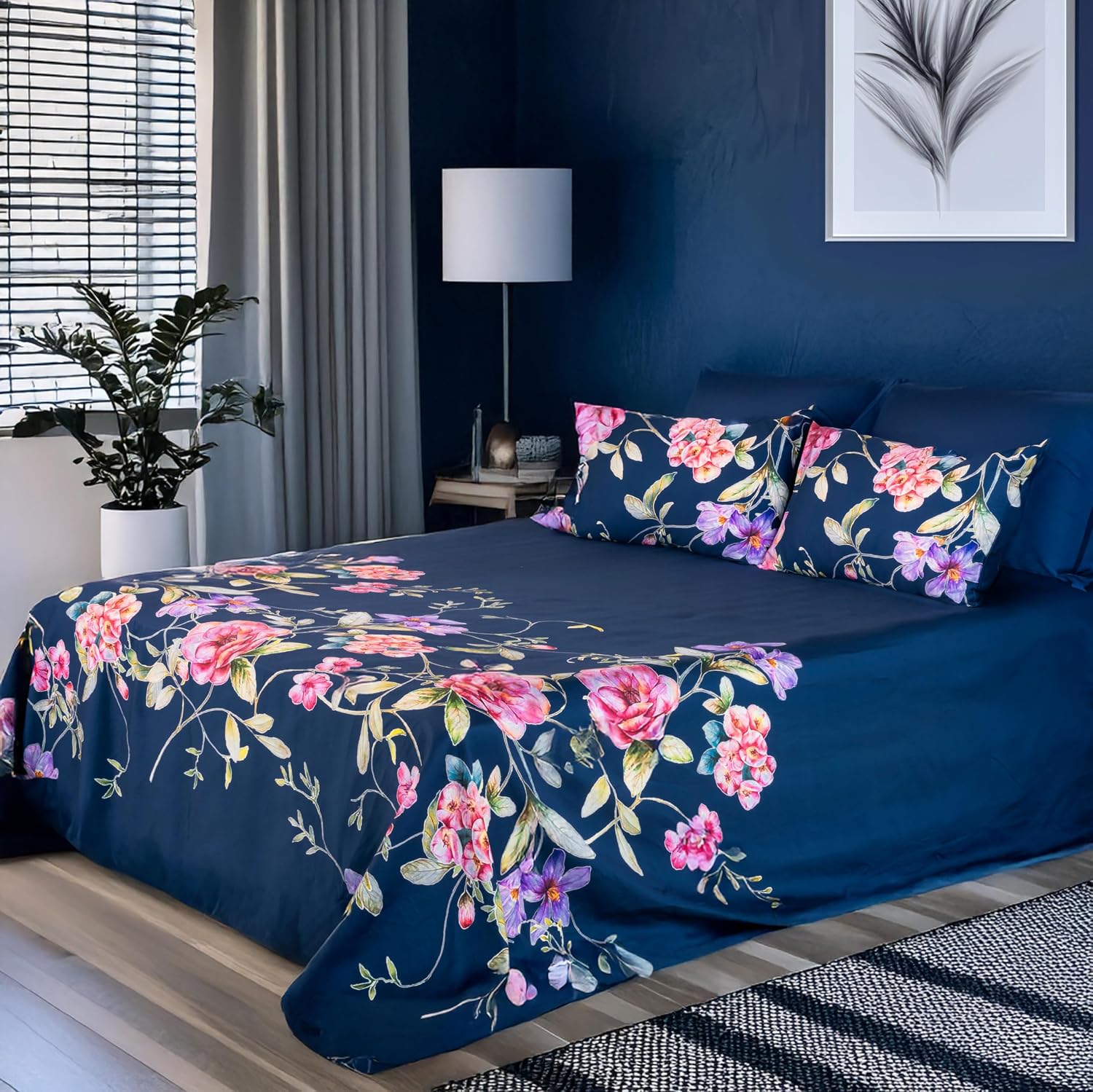 Printed Cotton Bedsheet For Queen Size With 2 Pillow Cover | 88 X 100 Inches, Dark Blue | Wrinkle Free Soft Perfect For Everyday Use