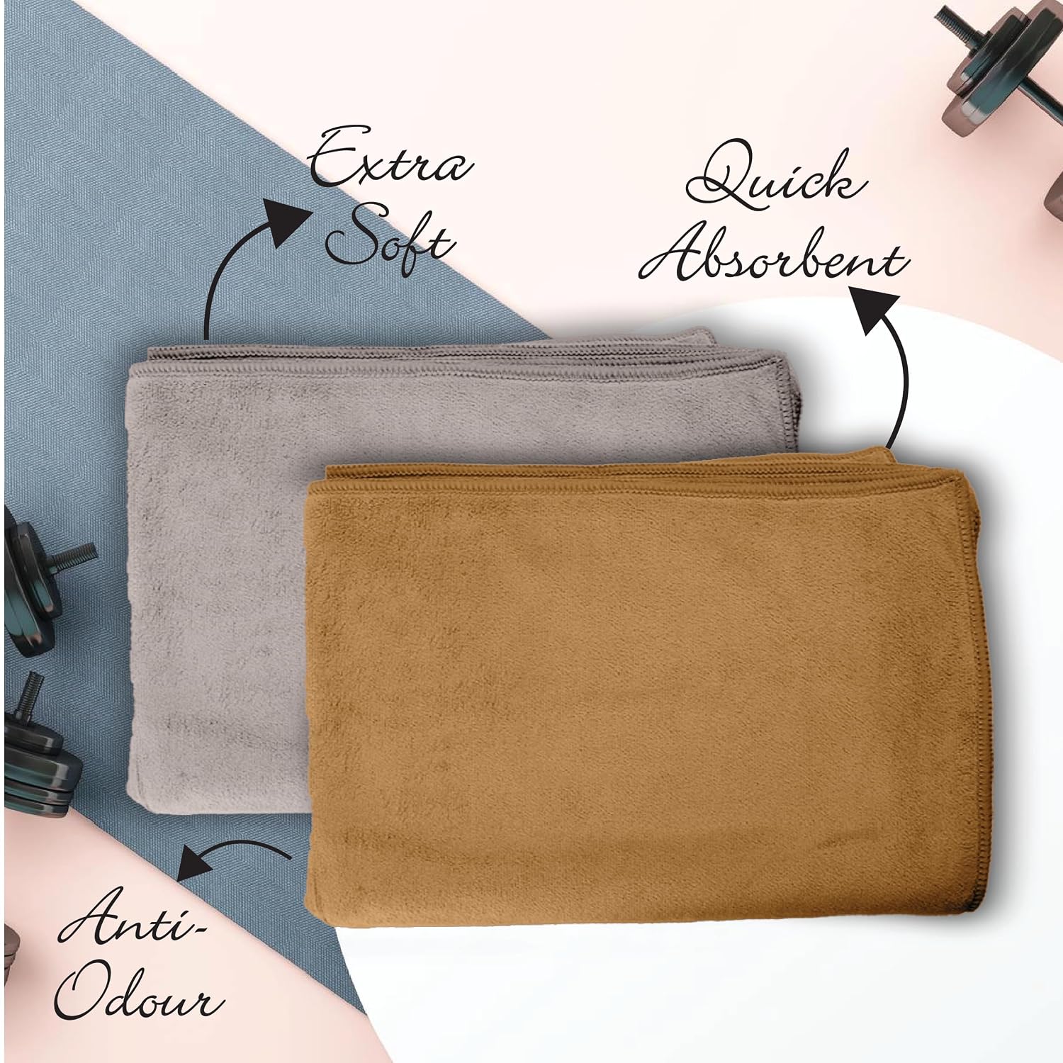 Housse Microfiber Hand Towel 800 Gsm | Premium Quality Towels Ultra Absorbent & Anti-Bacterial For Gym (Atmosphere & Prairie Sand) - Pack Of 4