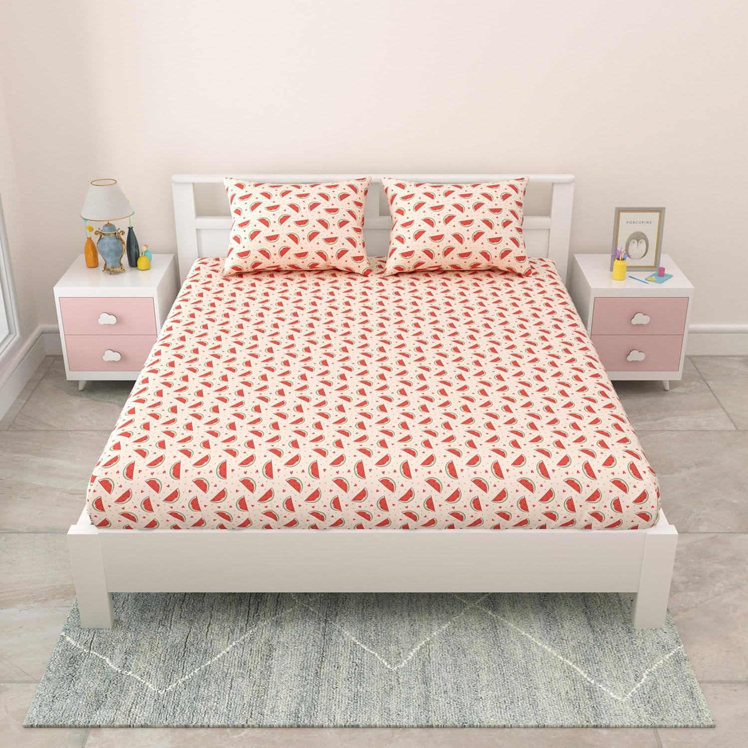 Pure Cotton Kids Bedsheet Double Bed Queen Size With 2 Pillow Covers | 90 X 100 Inches, Dusky Peach | Fun Cartoon Theme, Soft & Breathable Fabric
