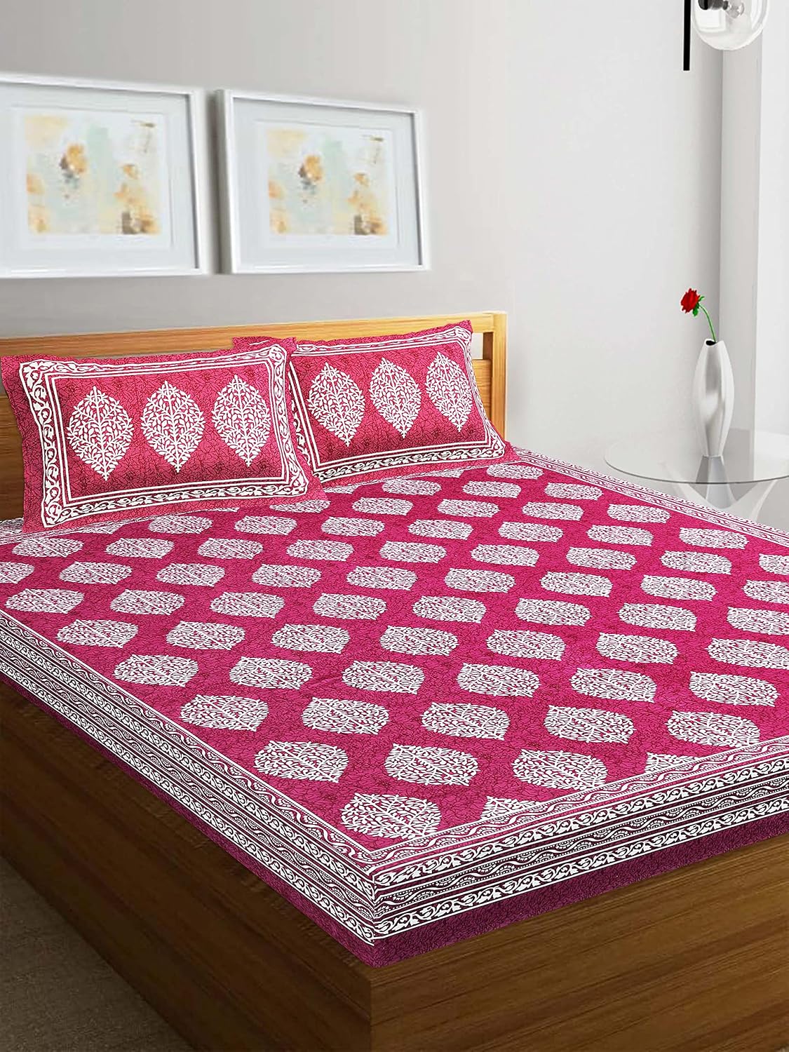 Cotton Double Bedsheet For King Size With Two Matching Pillow Covers - 90 X 94 Inches, Pink | Super Soft Breathable & Wrinkle Free
