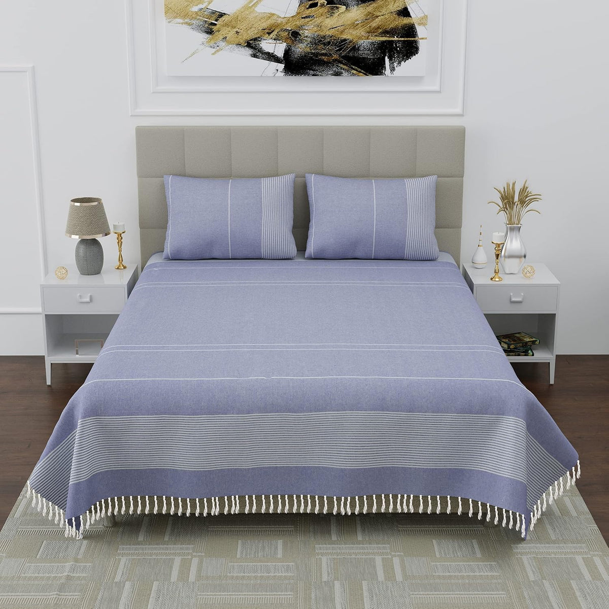 100% Cotton Double Bedsheet With Two Pillow Cover - Queen Size 90 X 100 Inches, Rock Blue | Handloom Cotton Bedsheets For Double Bed | All Season Comfort