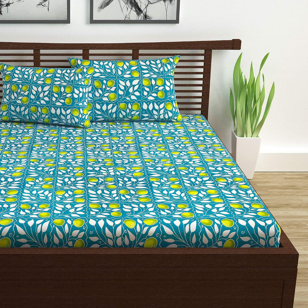 Super Soft 100% Cotton Bedsheet For Queen Size With 2 Pillow Covers | 87 X 100 Inches, Teal & Yellow - Perfect For Home Decor & Gifts | 144 Thread Count
