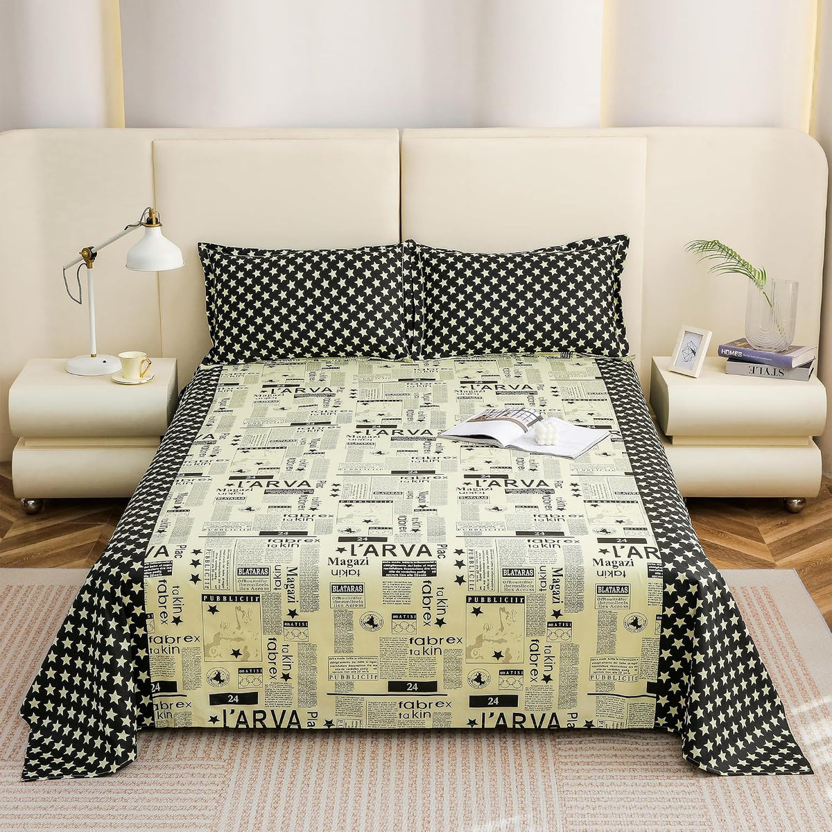 King Size Bedsheet With 2 Pillow Covers - 88 X 106 Inches, Cream & Black | Summer Breathable & Wrinkle Free | Bedsheet Long Lasting & Soft To Touch