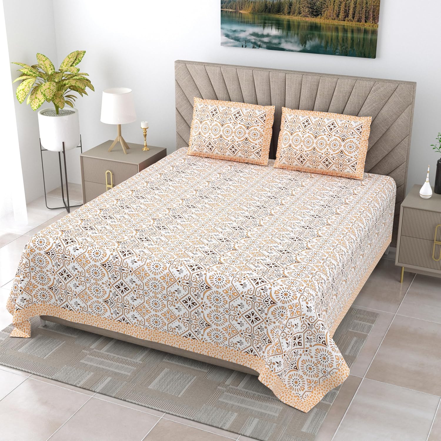 1 Queen Size Bedsheet For Double Bed With 2 Pillow Covers (90 X 108 Inches) White & Orange | Premium Cotton Material - Ideal For House, Hotel, Guest House