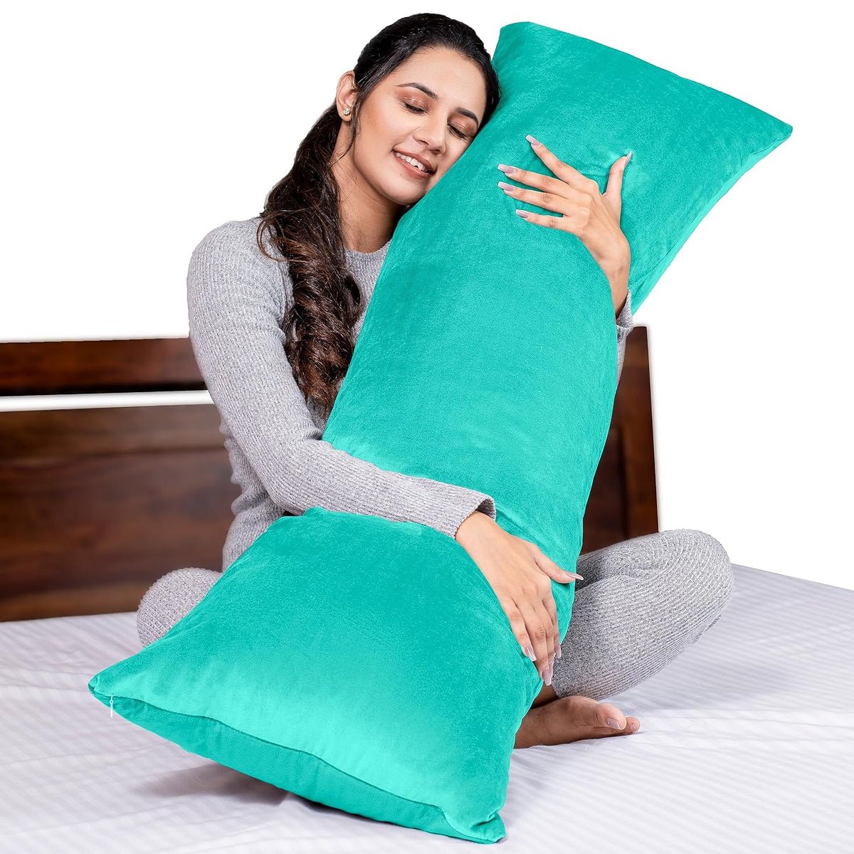 Microfiber Body Side Pillow For Sleeping For Pregnancy, Aqua Green - 53 X16 Inches | Long Cuddle Pillow For Relaxing, Washable, Premium Velvet Outer Cover With Zip, Adjustable Pillow