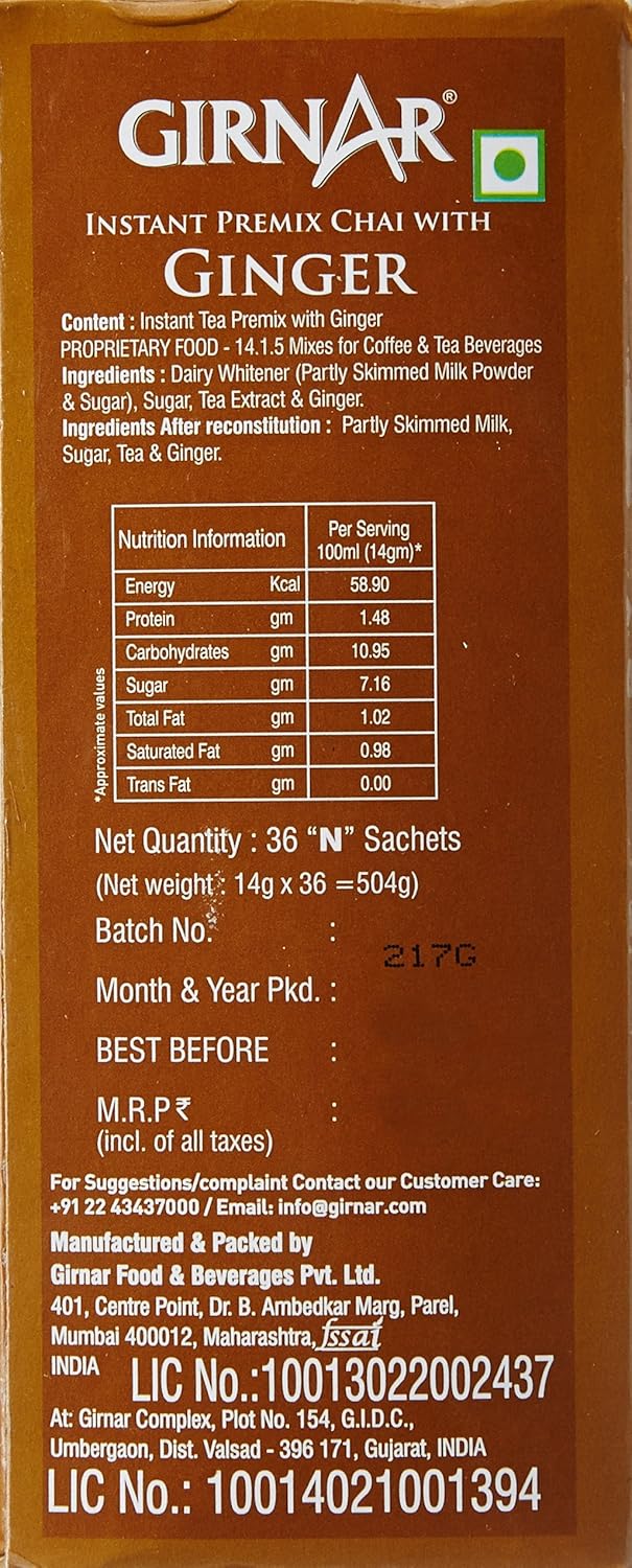 Girnar Ginger Chai Instant Tea Premix With Ginger - 36 Sachets | Natural Tea Extract & Kadak Adrak Chai - Caffeine Free Loose Leaf Tea