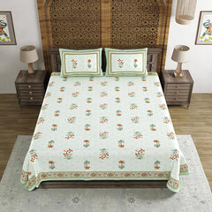 Hand Block Printed Cotton King Size Bedsheet With 2 Pillow Covers, 90 X 108 Inches, White | 200 Thread Count-Good For Villas, Resorts, Guest Houses, & Daily Home Use