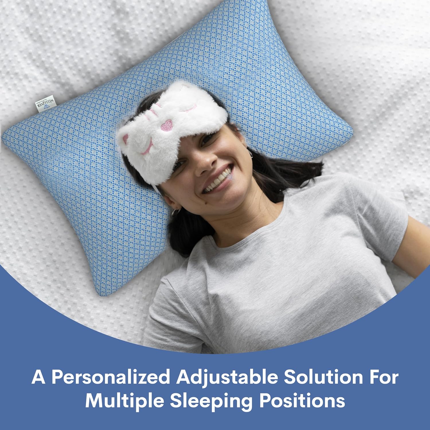 Premium Pillow For Sleeping, Shredded Memory Foam Pillow, Blue, Standard Size - 27 X 17 Inch | For Side, Back, Stomach Sleepers | Washable, Blue Jacquard Cover, Neck Support - Pack Of 1