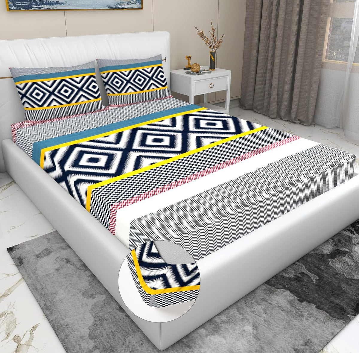 Elastic Fitted Bedsheet For King Size With 2 Pillow Covers - 72 X 78 X 8 Inches, Multicolor | Presents Luxurious Glace Cotton Super Soft 210 Thread Count