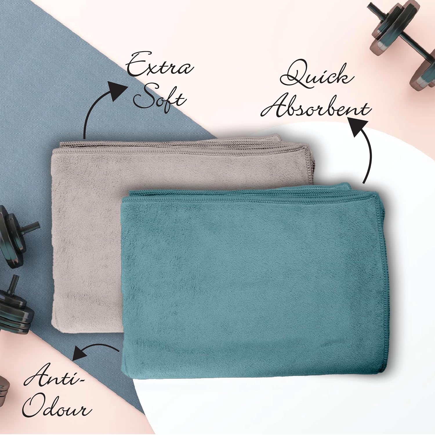 Housse Microfiber Hand Towel 800 Gsm | Premium Quality Towels Ultra Absorbent & Anti-Bacterial For Gym (Atmosphere & Pacific Green) - Pack Of 4
