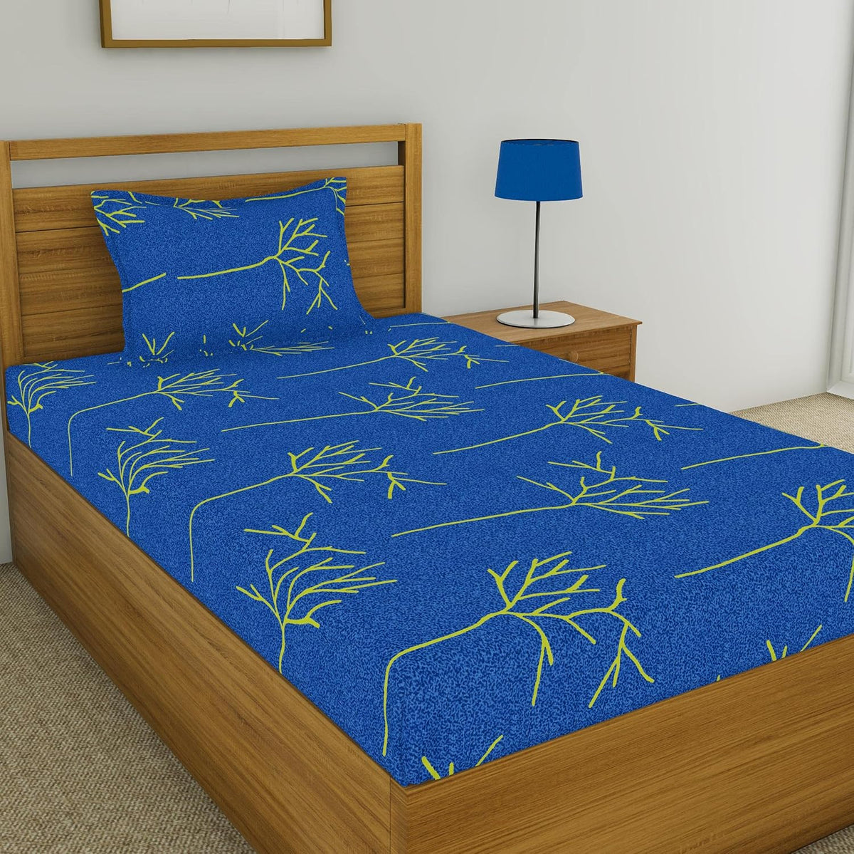 Single Bedsheet With 1 Pillow Cover - 55 X 88 Inches, Blue | Soft & Comfortable Sleep Experience | Machine Wash In Cold Water