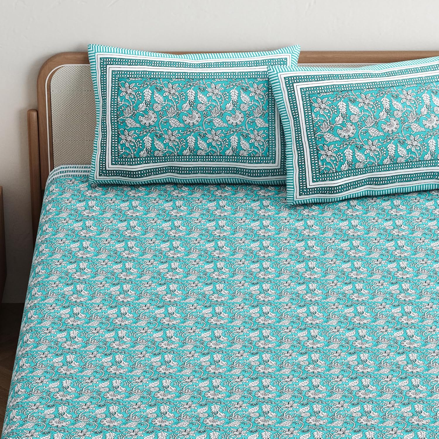 Bedsheet For Queen Bed With 2 Pillow Covers - 90 X 108 Inches, Aqua Blue | Pure Cotton Traditional Jaipuri Printed | Ideal For Both Everyday Use & Special Events