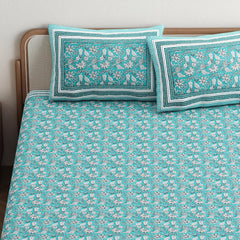 Bedsheet For Queen Bed With 2 Pillow Covers - 90 X 108 Inches, Aqua Blue | Pure Cotton Traditional Jaipuri Printed | Ideal For Both Everyday Use & Special Events