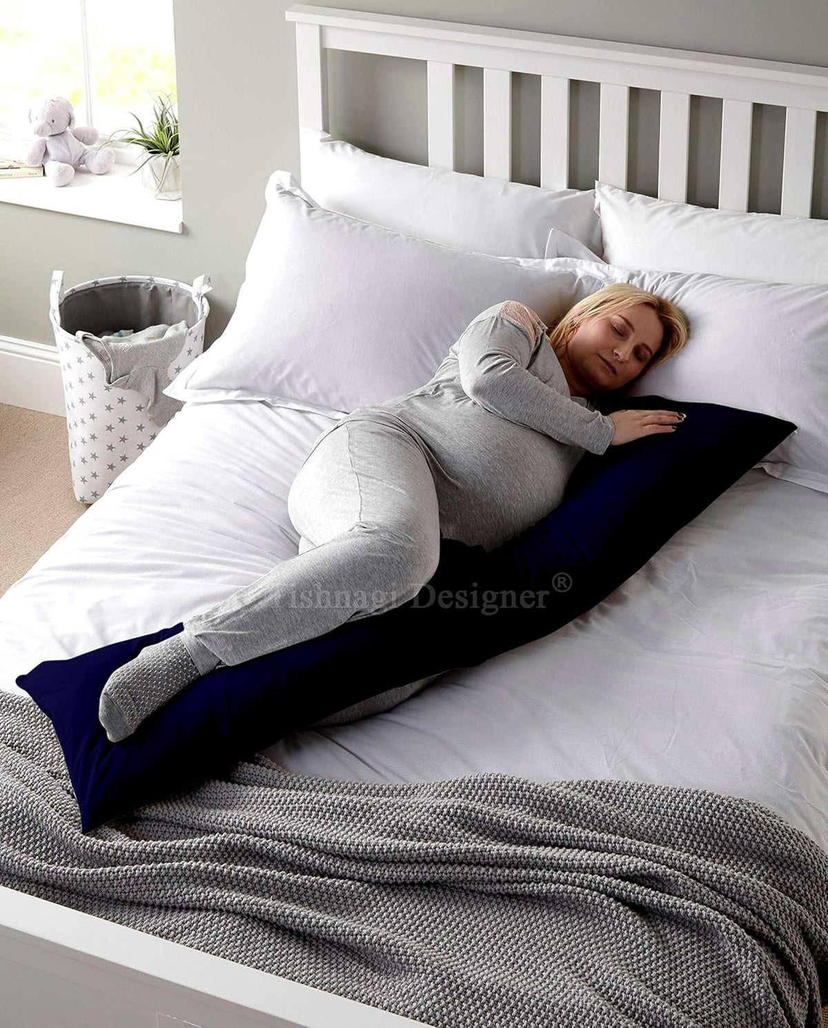 Microfiber Filling Body Pillow With Removable Soft Cotton Cover, Navy Blue - 18 X 54 Inch | Pillow For Pregnancy Leg Hips Back Support, Adjustable, Multipurpose Maternity Pillow - Pack Of 1