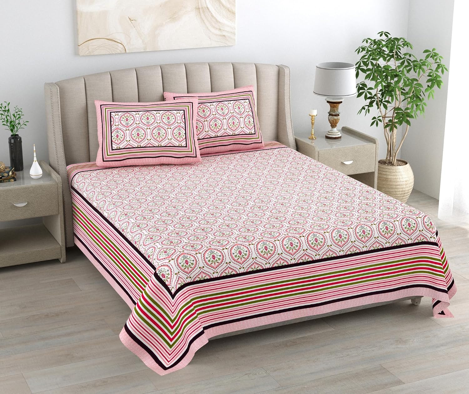 Bedsheet For Queen Bed With 2 Pillow Covers - 90 X 108 Inches, White & Pink | Pure Cotton Traditional Jaipuri Printed | Ideal For Both Everyday Use & Special Events