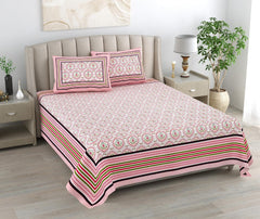 Bedsheet For Queen Bed With 2 Pillow Covers - 90 X 108 Inches, White & Pink | Pure Cotton Traditional Jaipuri Printed | Ideal For Both Everyday Use & Special Events