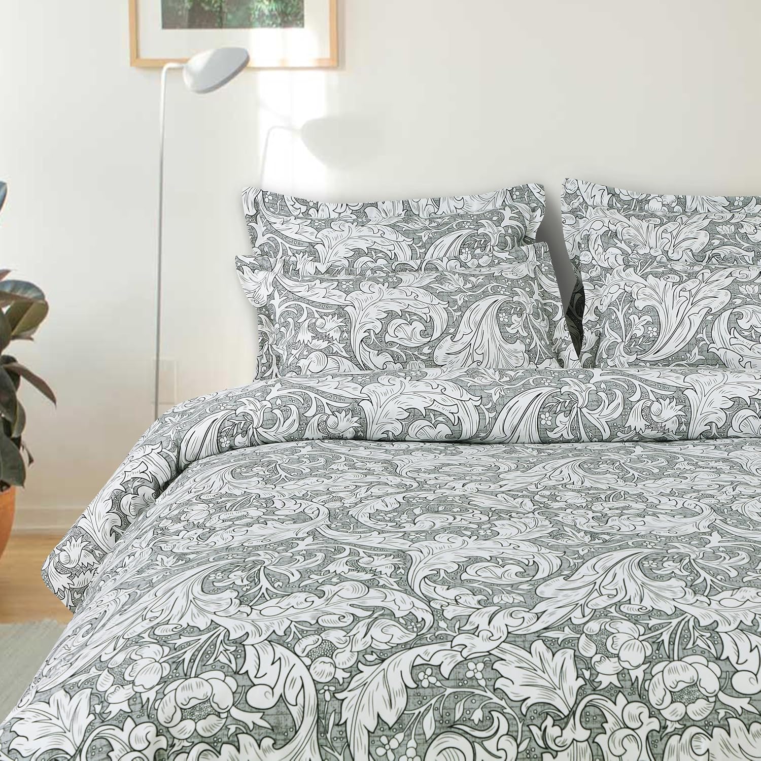 Printed Queen Size Double Bed Bedsheet With 2 Pillow Cover | 60 X 78 Inches, Grey & White - Breathable, Stain & Wrinkle Resistant | All Around Elastic Fitted Bedsheet