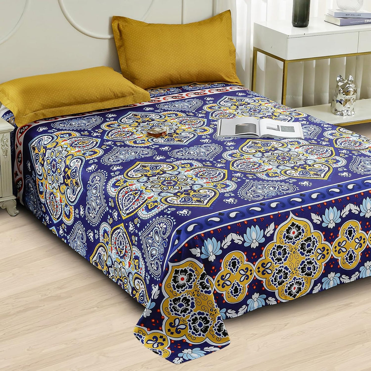 Perfect Double Bedsheet With 2 Pillow Covers - 88 X 100 Inches, Blue & Yellow | Breathable & Skin-Friendly Bedsheet | 240 Thread Count