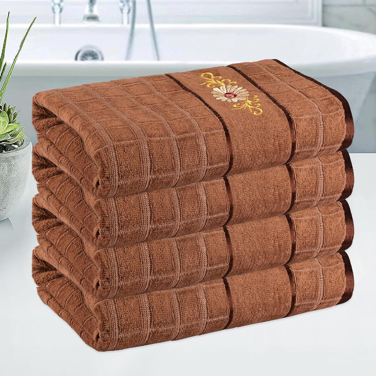 Kuber Industries Rectangle Super Absorbent Bath Towel 2000 Gsm | Soft & Comfortable Swimming & Bathing Towels | Gold Flower (Brown)- Pack Of 4