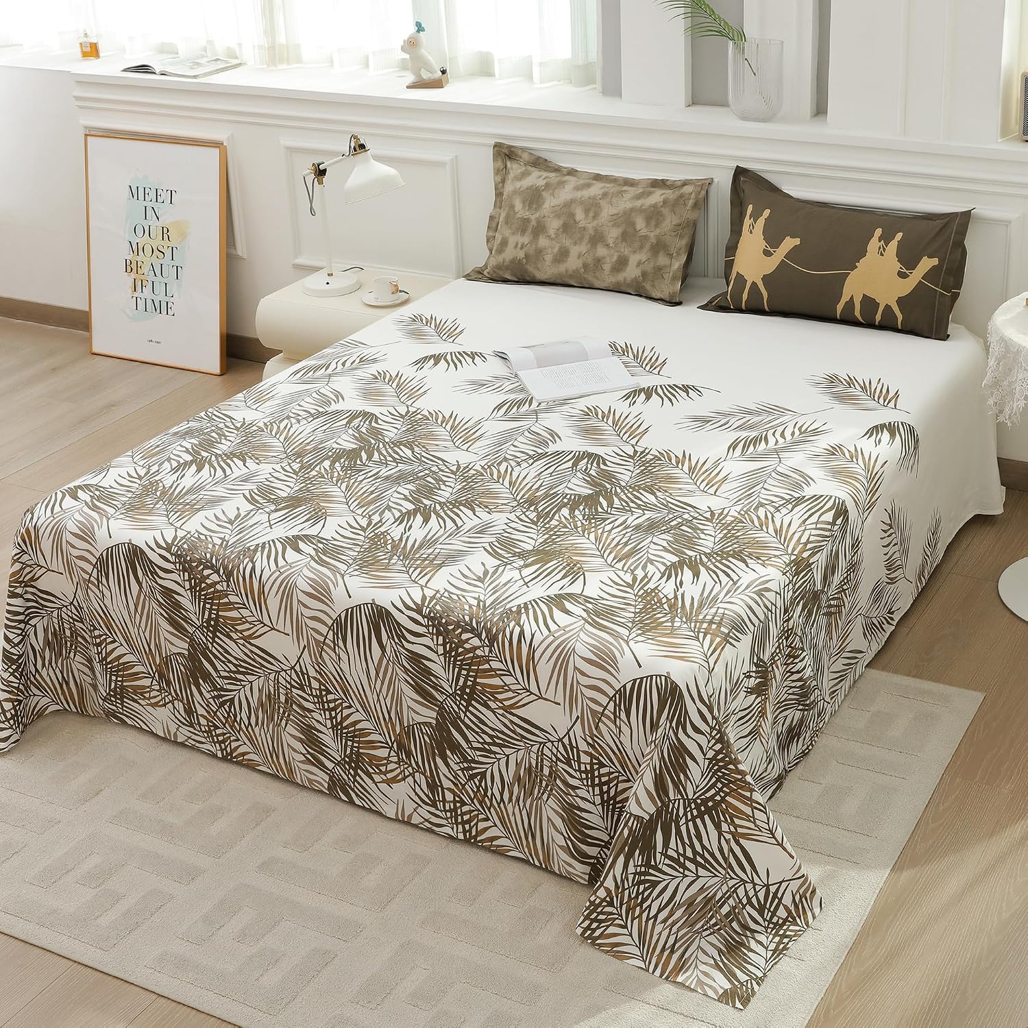 Soft Bedsheet For King Size Bed With 2 Matching Pillow Cover | 106 X 106 Inches, White & Green | Skin-Friendly Touch & Lasting Comfort - Soft & Breathable