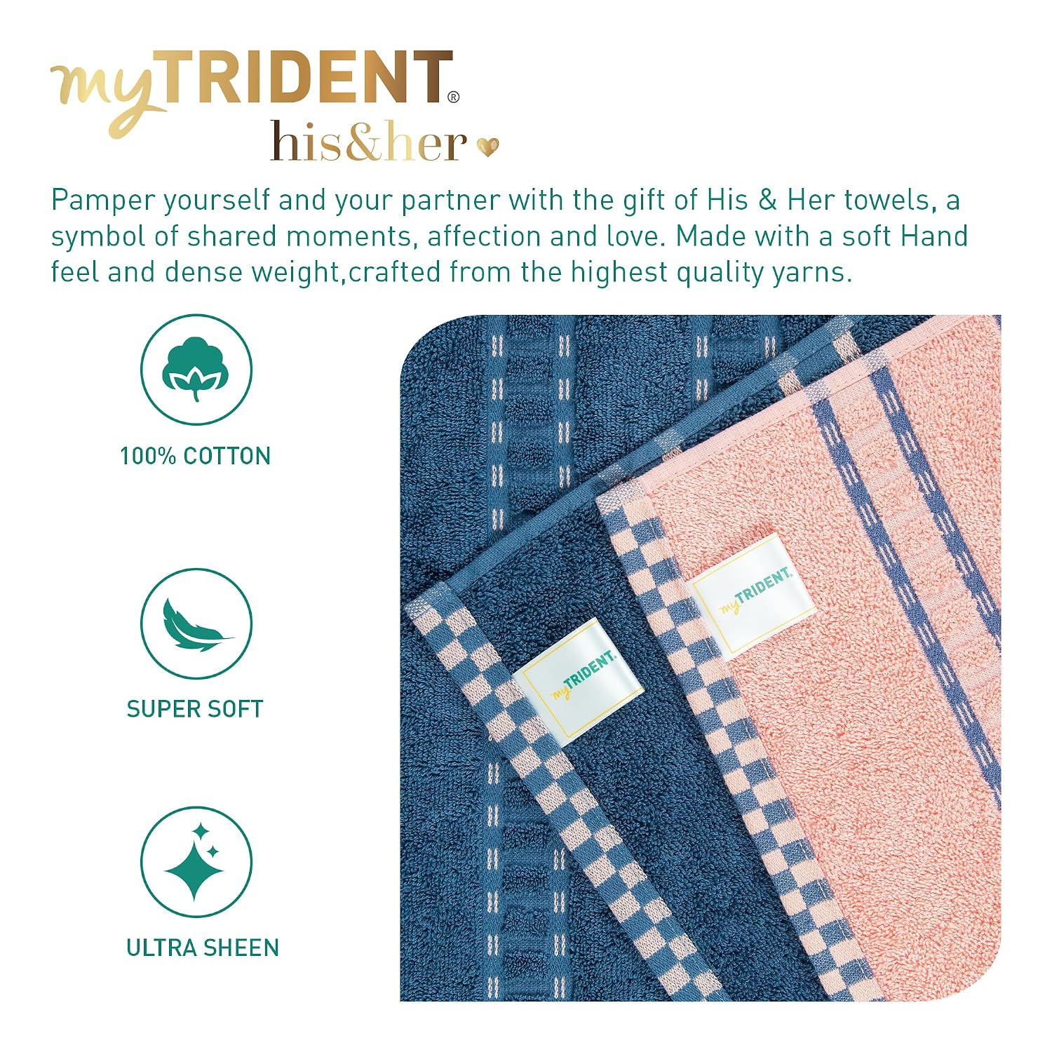 Mytrident 100% Cotton Bath Towel 1200 Gsm (Peach & Blue) - 2 Piece