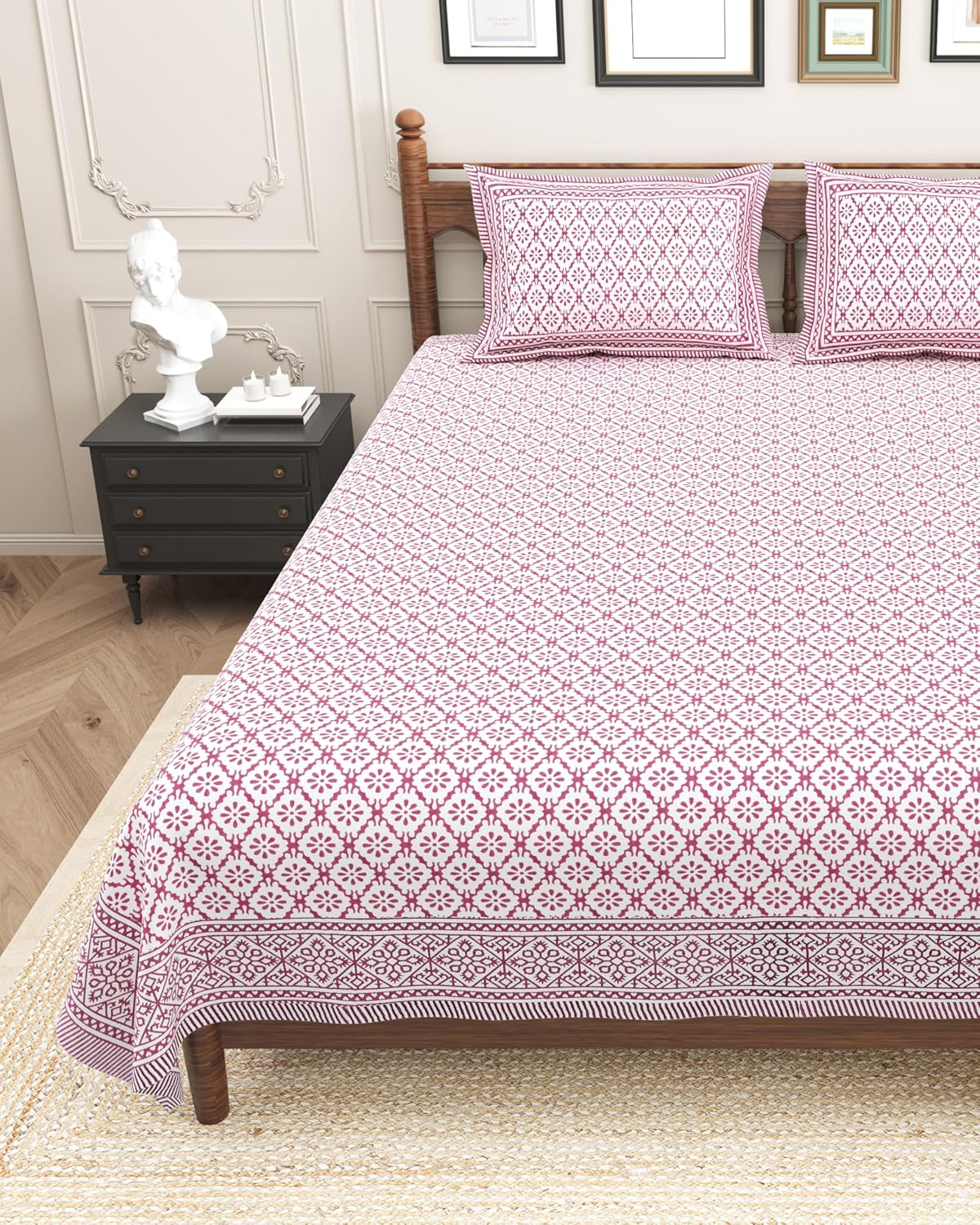 Pure Cotton King Size Bedsheet 2 Matching Pillow Covers | 100x108 Inches, Pink & White | Traditional Jaipuri Printed Bedsheet | Ideal Wedding Gift, Housewarming, Special Occasion Surprise