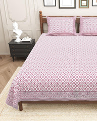Pure Cotton King Size Bedsheet 2 Matching Pillow Covers | 100x108 Inches, Pink & White | Traditional Jaipuri Printed Bedsheet | Ideal Wedding Gift, Housewarming, Special Occasion Surprise