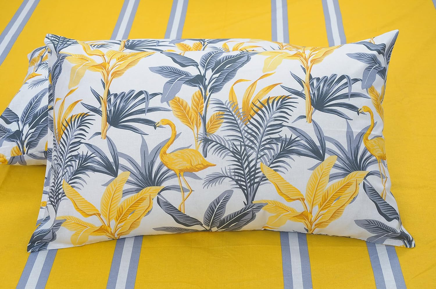 Single Bedsheets With 1 Pillow Cover - 55 X 88 Inches, Stripes & Flamingos Yellow & Grey | Soft & Breathable Fabric | Comfortable For Daily Use