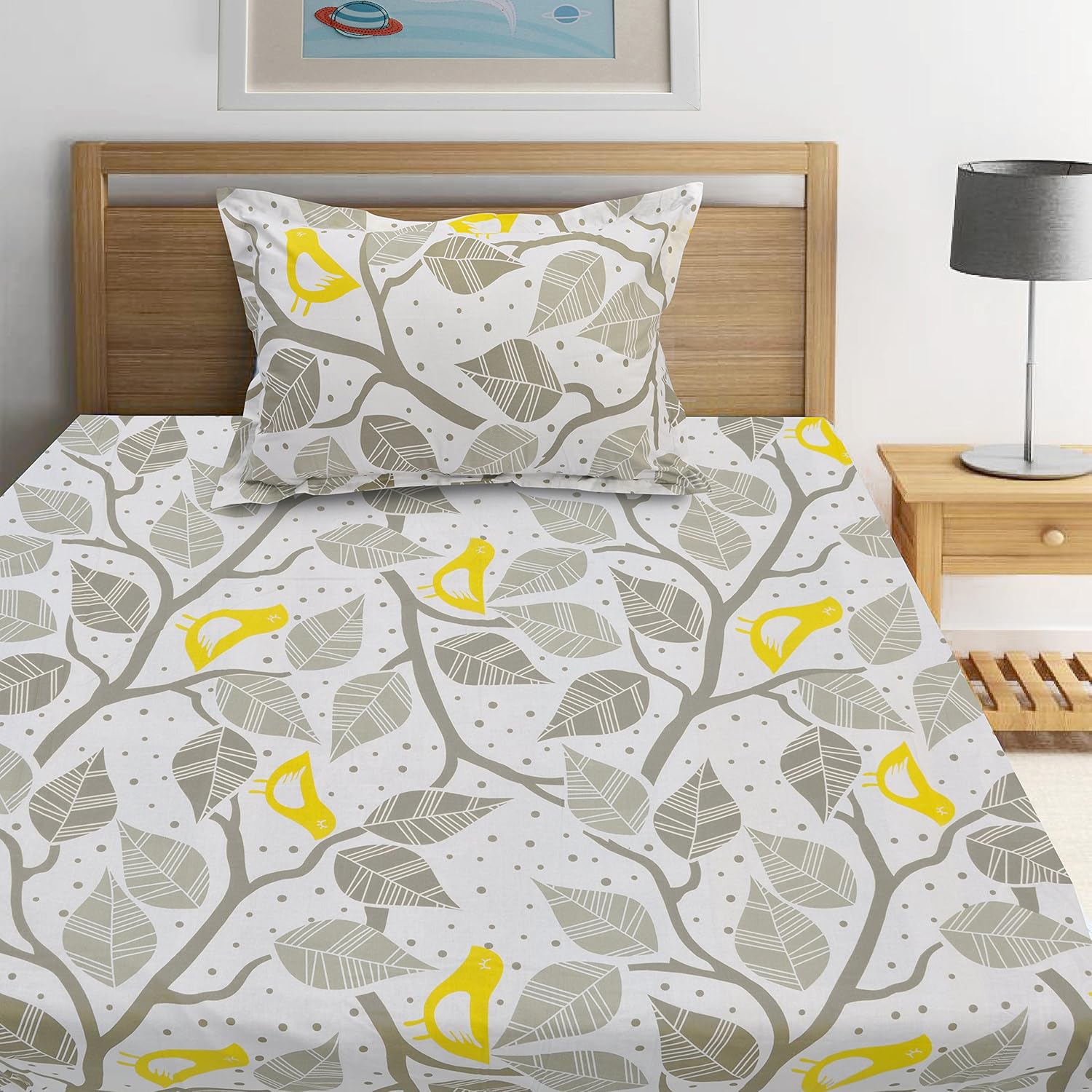 144 TC Cotton Bedsheet For Single Bed With 1 Pillow Cover - 55 X 88 Inches, Grey & Yellow | Good For Guest Houses, & Daily Home Use