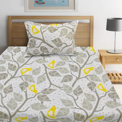 144 TC Cotton Bedsheet For Single Bed With 1 Pillow Cover - 55 X 88 Inches, Grey & Yellow | Good For Guest Houses, & Daily Home Use