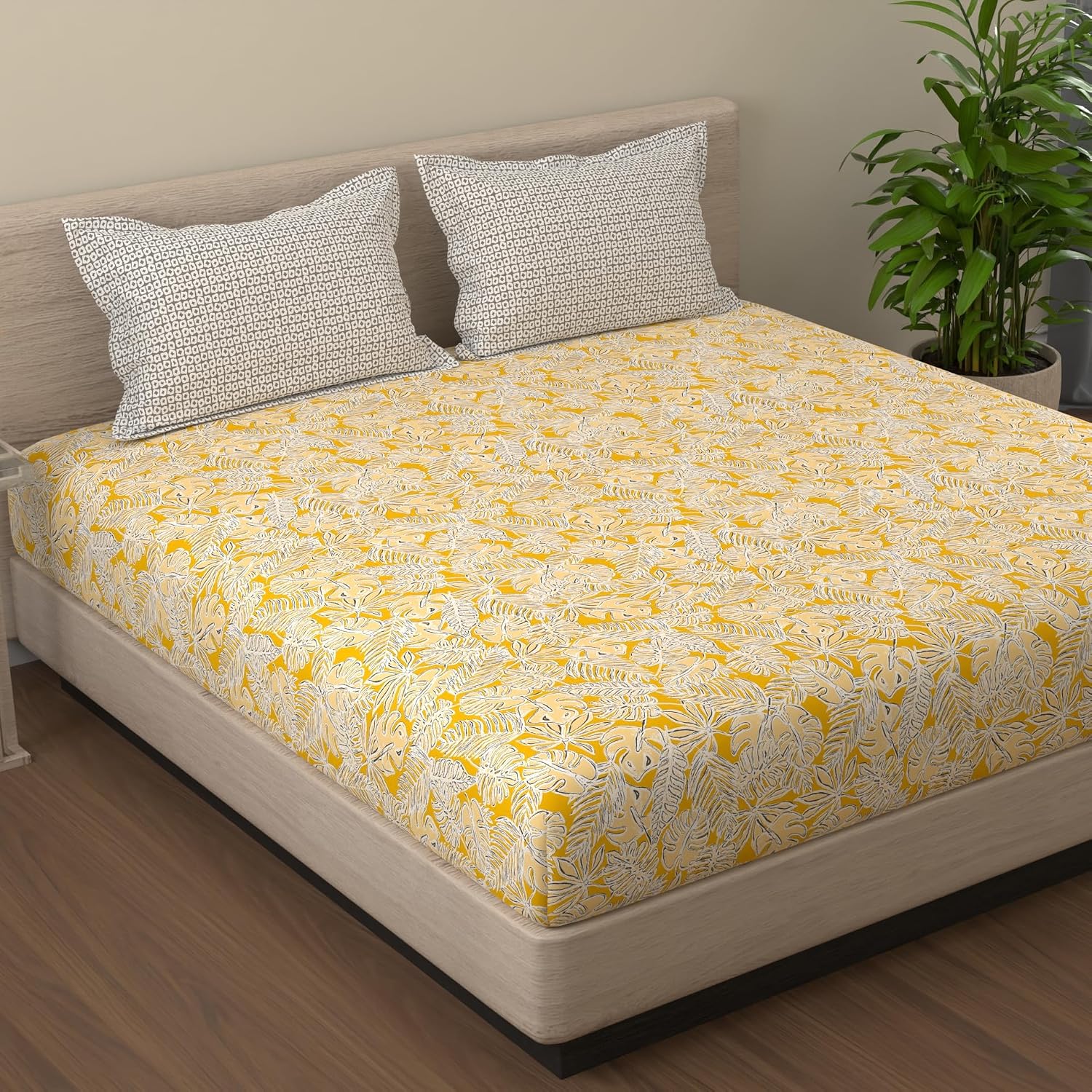 Yellow & Grey King Size Bedsheet With 2 Pillow Covers - 108 X 108 Inches | Cotton Bed Sheets Are Easy To Wash And Maintain At Home