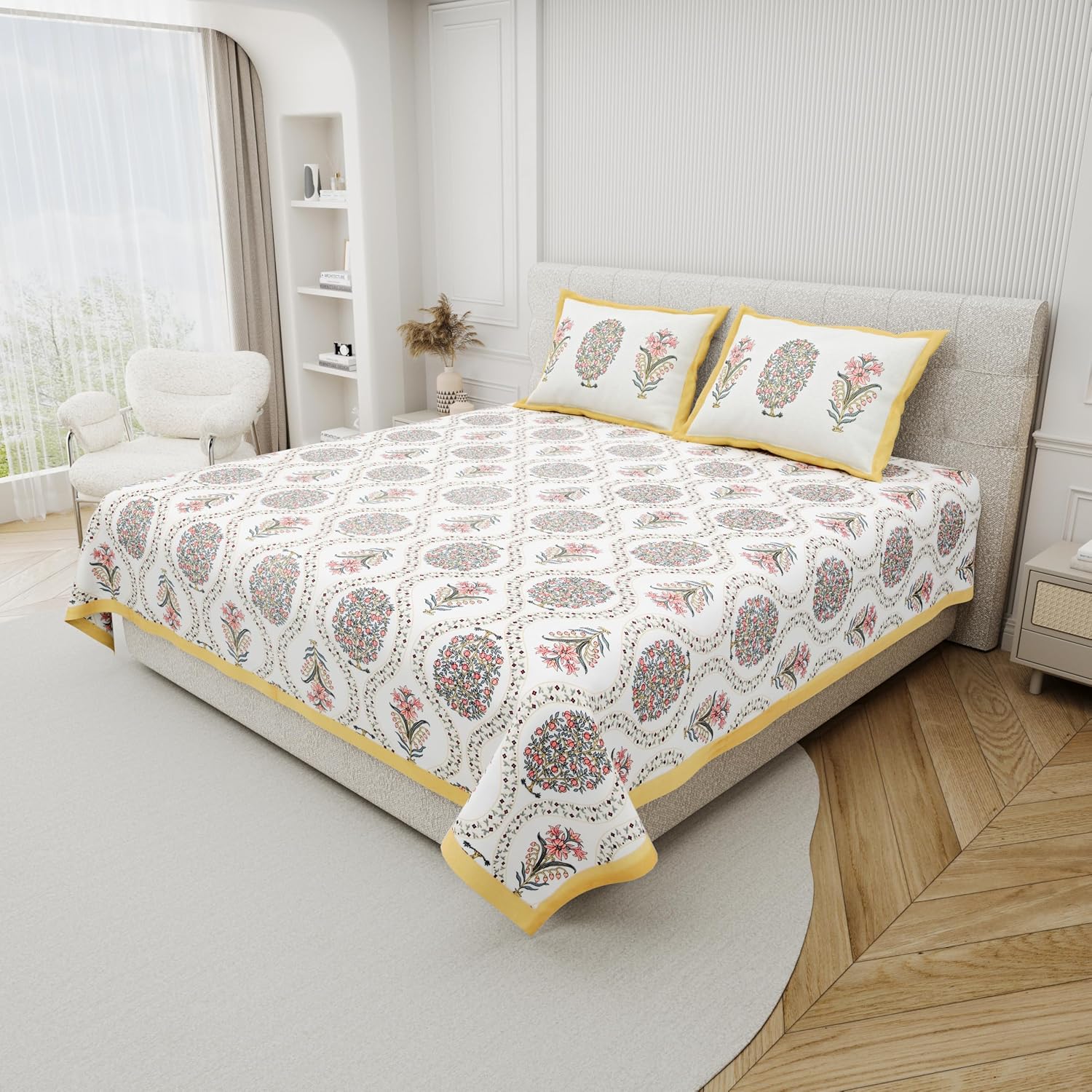 100% Cotton King Size Bedsheet With 2 Matching Pillow Covers - 90 X 108 Inches, Multicolor | Designer Printed Bedsheet Set - Naturally Soft, Breathable, & Skin-Friendly
