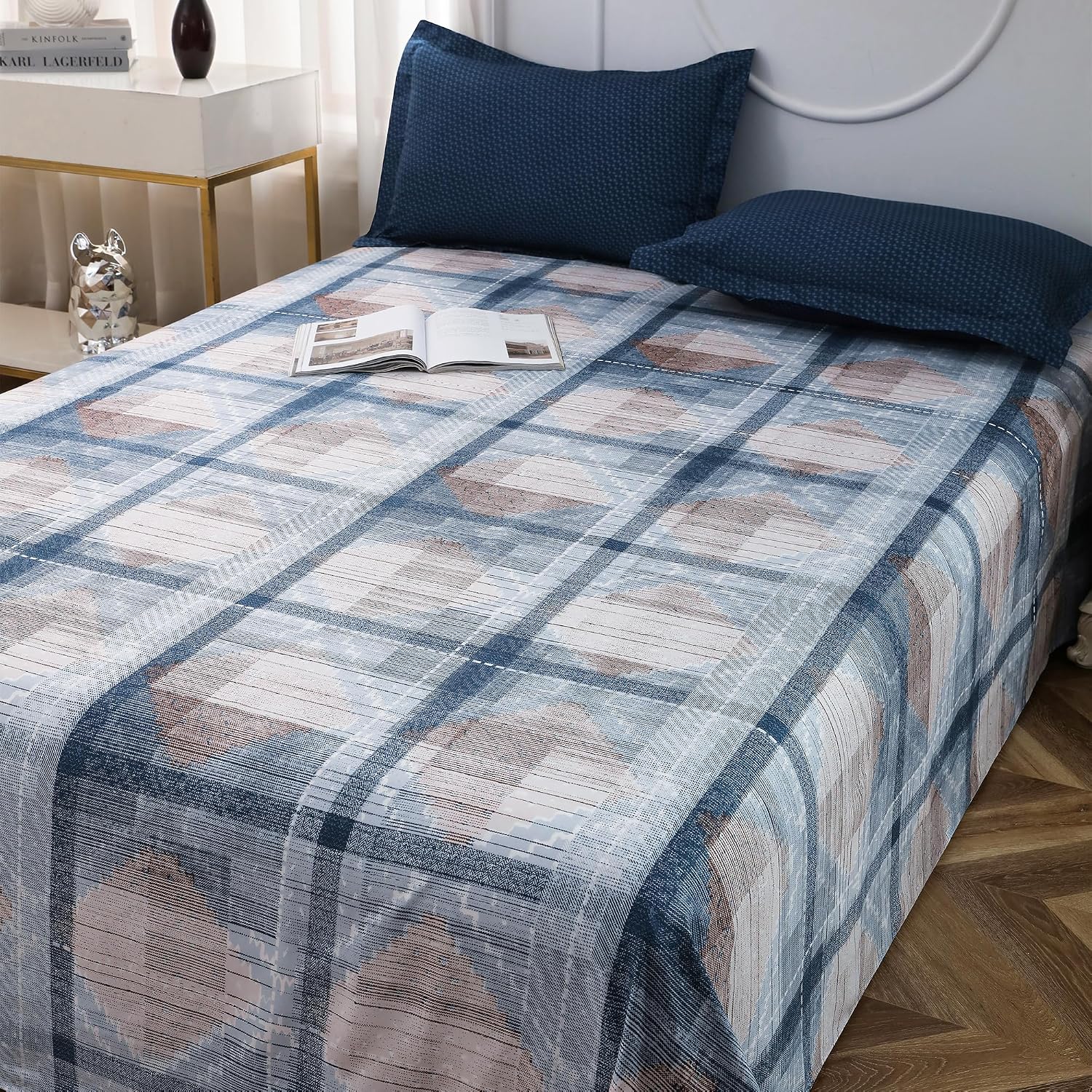 Bedsheets For Double Bed With 2 Pillow Cover - 92 X 98 Inches, Off White & Blue | Satin Finish Microfiber Queen Size Bedsheet | Skin Friendly & Breathable Fabric