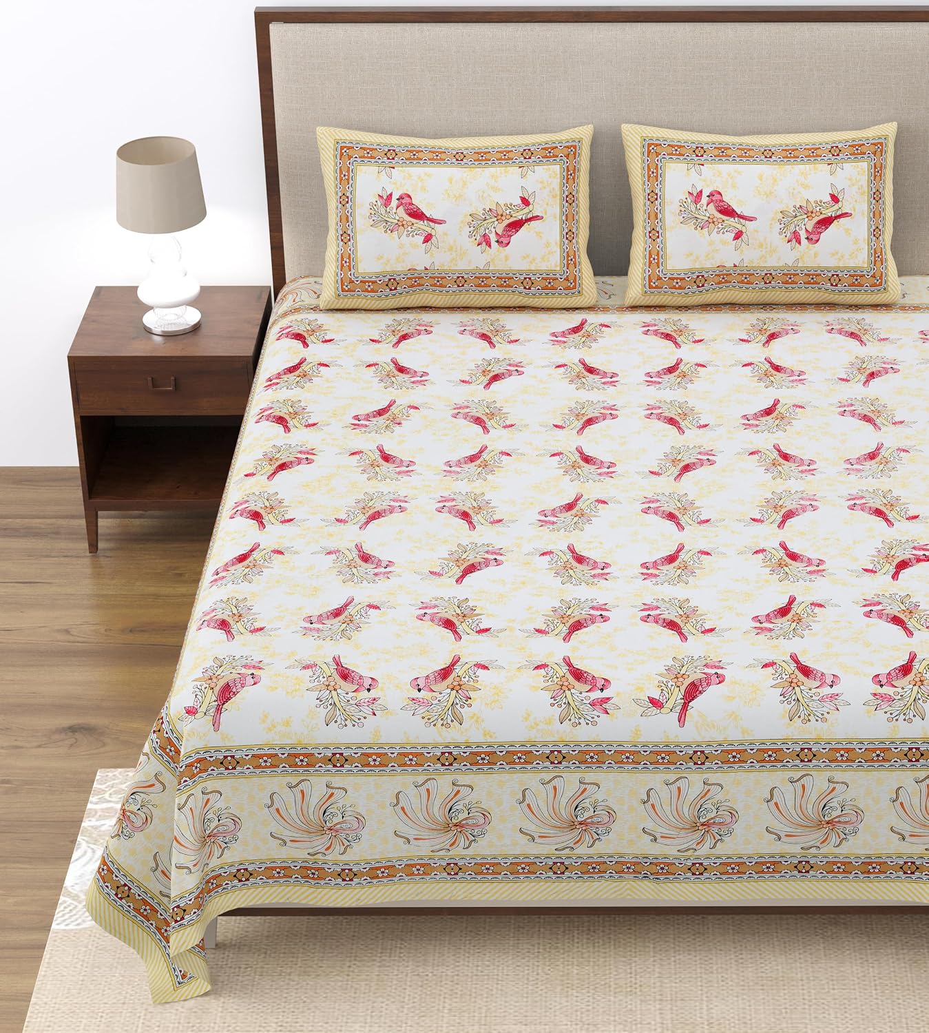 Cotton Queen Size Bedsheet For Double Bed With 2 Pillow Covers | 90 X 108 Inches, Yellow & Pink | Cotton Bedsheet Is Suitable For All Seasons | Ultra-Soft, Skin-Safe & Breathable Fabric