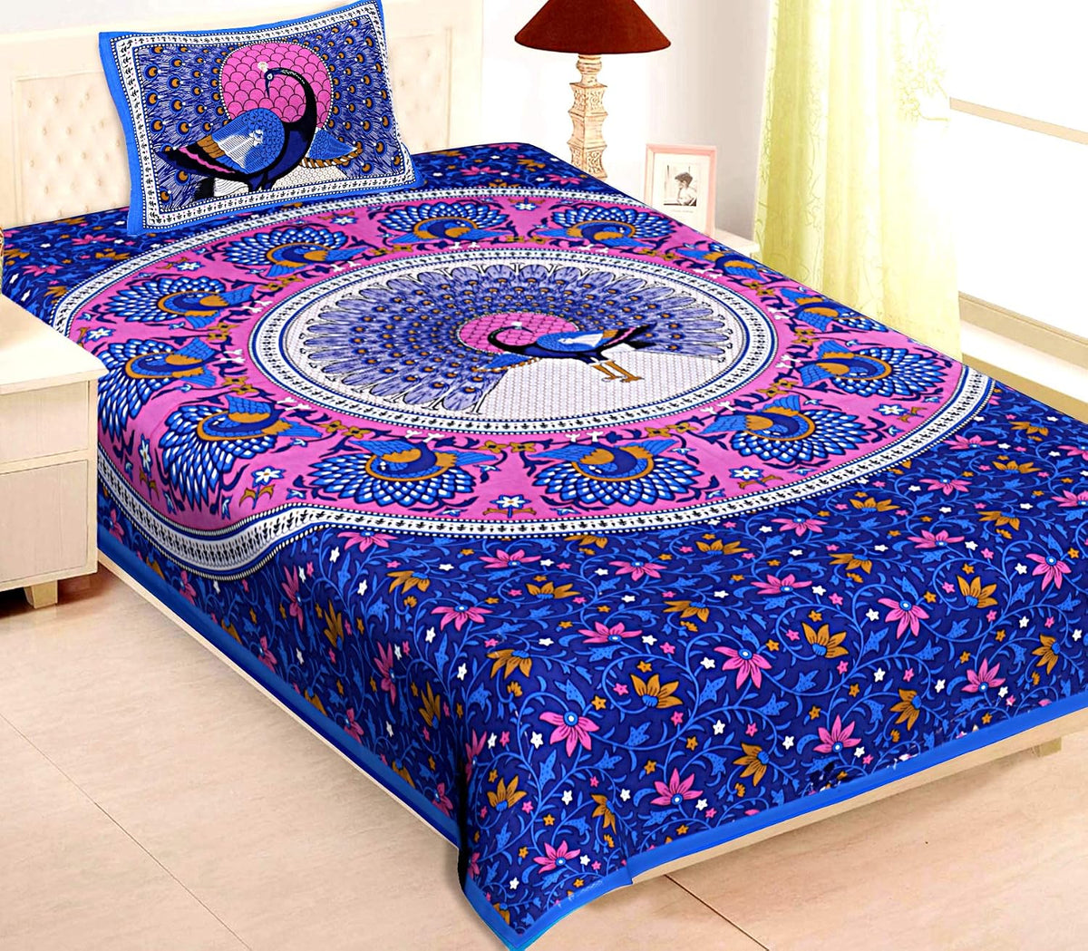 100% Cotton Jaipuri Traditional Single Bedsheet With 1 Pillow Cover - Peacock Design | Perfect For Home Decor & Gifts | 56 X 86 Inches, Blue & Pink