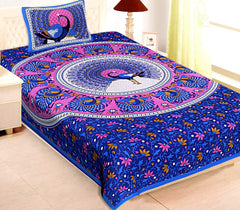 100% Cotton Jaipuri Traditional Single Bedsheet With 1 Pillow Cover - Peacock Design | Perfect For Home Decor & Gifts | 56 X 86 Inches, Blue & Pink