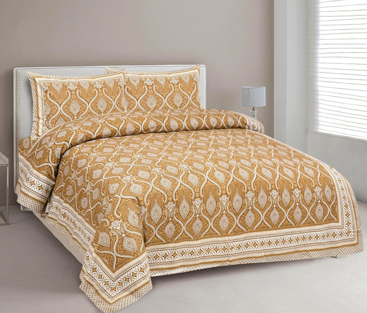 Jaipuri Cotton Double Bedsheet For Queen Size With 2 Pillow Cover (90 X 108 Inches) Mustard | Premium Cotton Material - Ideal For House, Hotel, Guest House