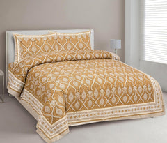 Jaipuri Cotton Double Bedsheet For Queen Size With 2 Pillow Cover (90 X 108 Inches) Mustard | Premium Cotton Material - Ideal For House, Hotel, Guest House