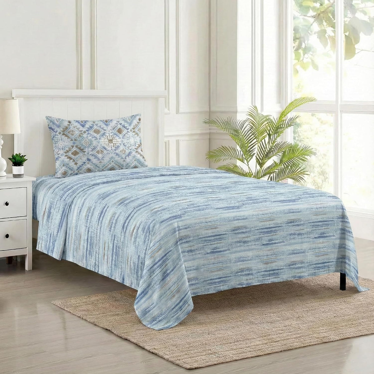 Cotton Printed Single Flat Bedsheet With 1 Pillow Cover - 60 X 100 Inches, Beige & Sky Blue | Breathable & Skin Friendly Bedsheet | Ideal For Year Round Use