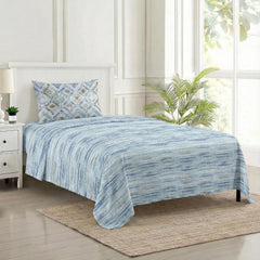 Cotton Printed Single Flat Bedsheet With 1 Pillow Cover - 60 X 100 Inches, Beige & Sky Blue | Breathable & Skin Friendly Bedsheet | Ideal For Year Round Use