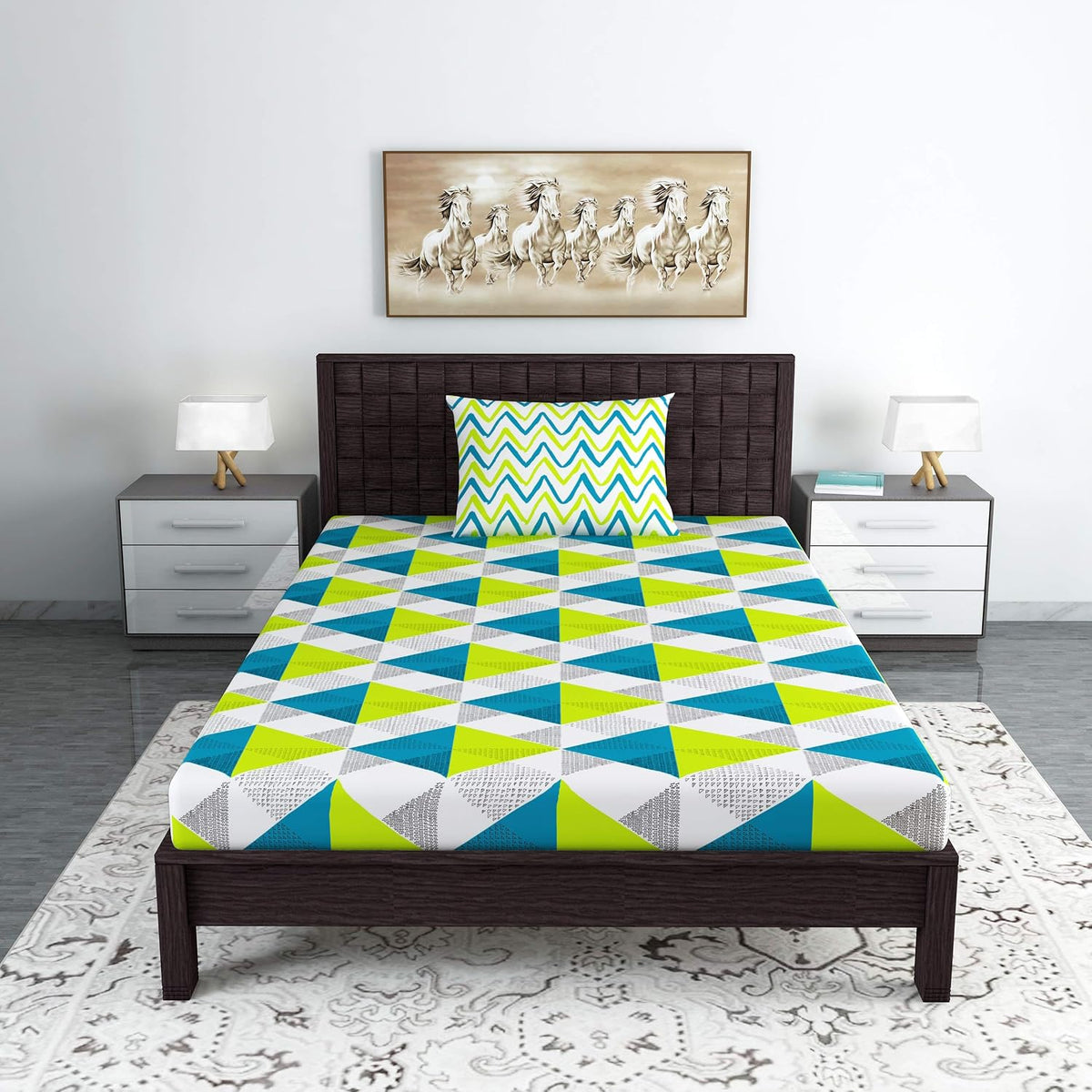 Single Bedsheet With 1 Pillow Cover - 57 X 87 Inches, White & Aqua | Designer Printed Bedsheet Set - Naturally Soft, Breathable & Skin Friendly