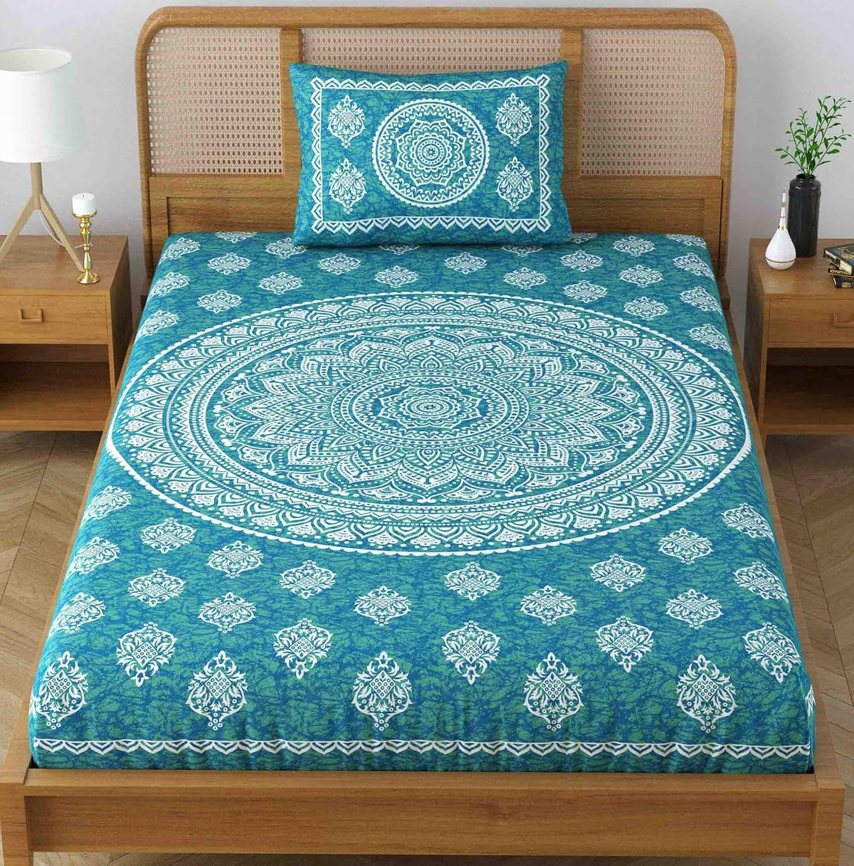 Single Bedsheet With 1 Pillow Covers - 54 X 84 Inches, Sea Green | Long Lasting & Soft 120 Thread Count Bedsheet | Traditional Jaipuri Printed Bedsheet