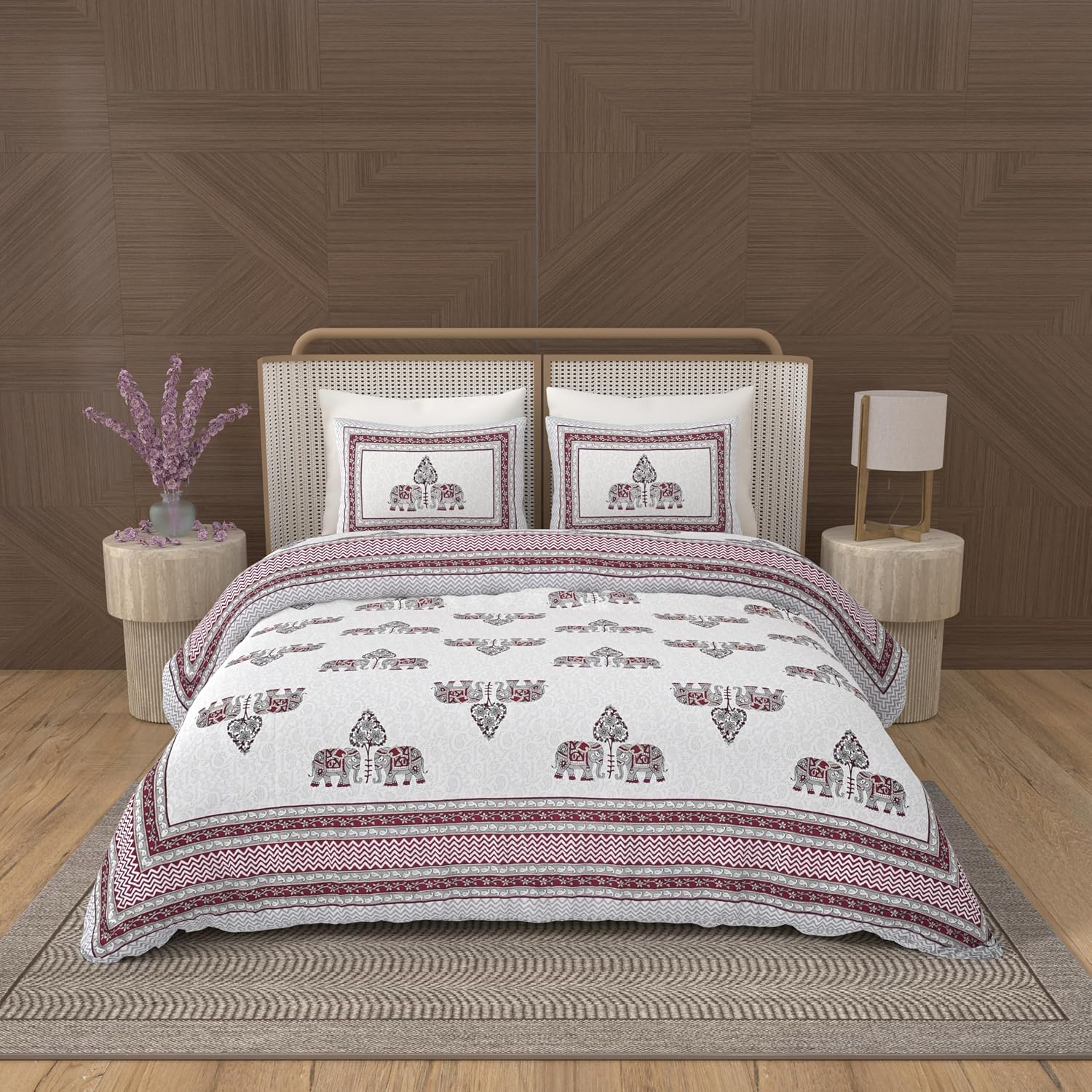 1 Queen Size Bedsheet For Double Bed With 2 Pillow Covers (90 X 108 Inches) Cream & Maroon | Beautiful Printed Designs - Breathable 100% Cotton Bedsheet Comfortable
